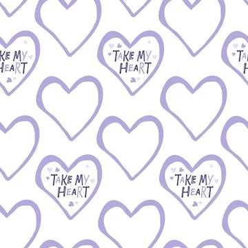 Seamless pattern with Heart shape with Take my heart inscription. Hand drawn Stock Illustration