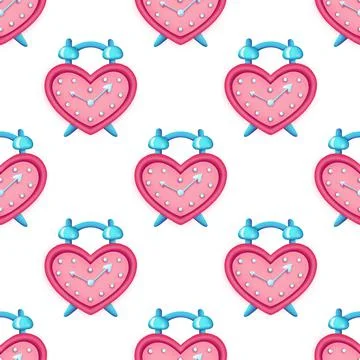 Seamless pattern of Heart shaped alarm clock.Design for Valentines Day Stock Illustration