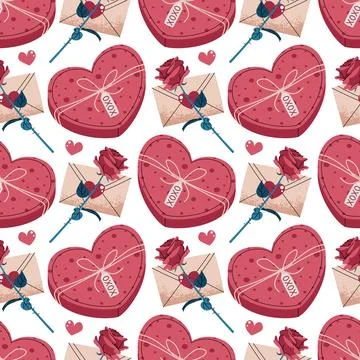 Seamless Pattern With Heart-Shaped Box, Rose And Love Letter Envelope In Fl.. Stock Illustration