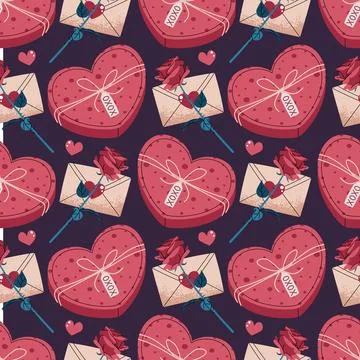 Seamless Pattern With Heart-Shaped Box, Rose And Love Letter Envelope In Flat イラスト素材