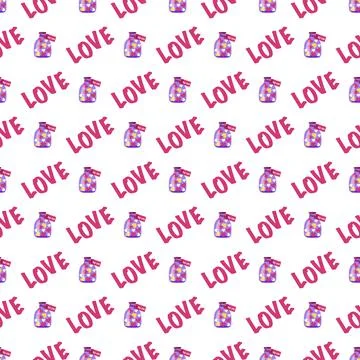 Seamless pattern with heart shaped candy in gift jar and word love Stock Illustration