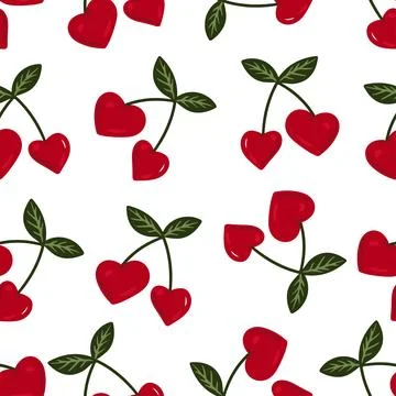 Seamless pattern with heart shaped cherries, romantic fruit design, cute red Stock Illustration