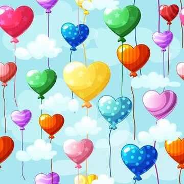 Seamless pattern heart-shaped colored balloons in the sky with clouds backg.. Stock Illustration