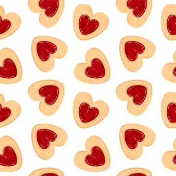 Seamless pattern with heart shaped cookie with strawberry jam in cartoon style Illustrazione stock
