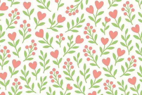 Seamless Pattern with Heart Shaped Flowers and Green Leaves Stock Illustration