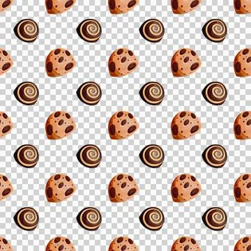 Seamless pattern with heart-shaped gingerbread cookies, chocolate candies. Illustrazione stock