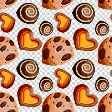 Seamless pattern with heart-shaped gingerbread cookies, candies. 스톡 일러스트