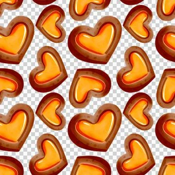 Seamless pattern Heart-shaped gingerbread with jam. Delicious hand-drawn cookies 스톡 일러스트