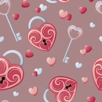 Seamless pattern with heart-shaped lock, key and hearts. Great for wrapping.. Stock Illustration