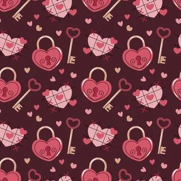 Seamless Pattern With Heart-Shaped Padlock And Key In Flat Style. Valentine.. Stock Illustration