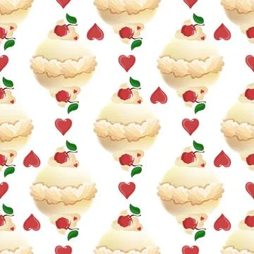 Seamless pattern with heart-shaped pastries and sweets. Pattern in red-white- Stock Illustration