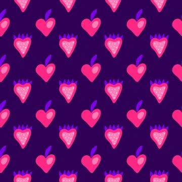 Seamless pattern with heart shaped strawberries and peaches. Stock Illustration