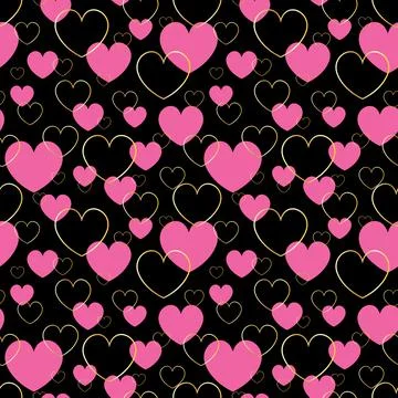 Seamless pattern with heart shapes in pink and gold on black background Stock Illustration