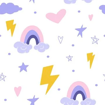 Seamless pattern with heart, star, lightning, cloud, rainbow. Stock Illustration
