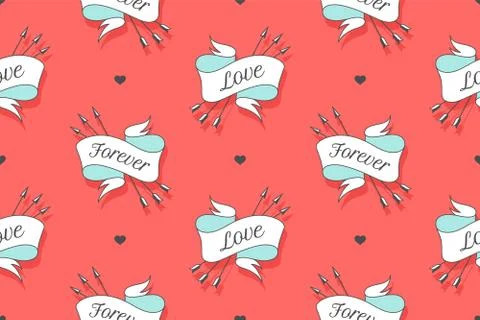 Seamless pattern with hearts and arrows on a turquoise backdrop Stock Illustration