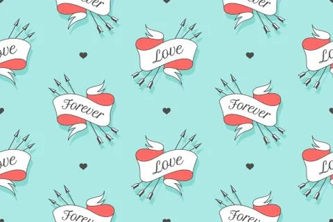 Seamless pattern with hearts and arrows on a turquoise backdrop Stock Illustration