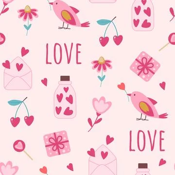Seamless pattern with hearts and bird for Valentine's Day. Ilustração Stock