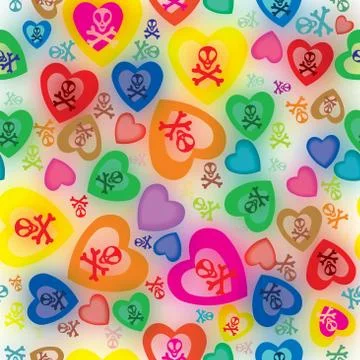 Seamless pattern of hearts and bones with background out of focu Stock Illustration