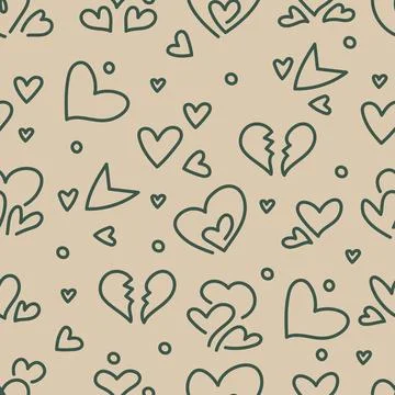 Seamless pattern of hearts and broken hearts hand drawn isolated on brown b.. 스톡 일러스트