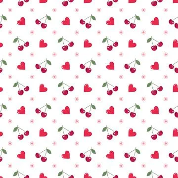 Seamless pattern with hearts and cherries on white background Illustrazione stock