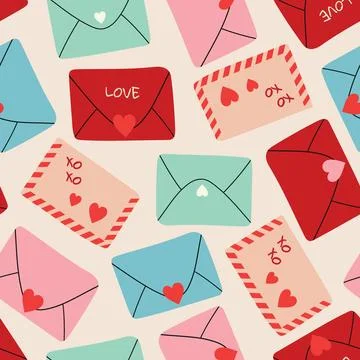 Seamless pattern with hearts and envelope. Valentine Day background. Holida.. Stock Illustration