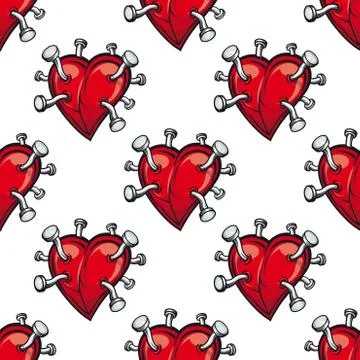 Seamless pattern with hearts and hammered nails Illustrazione stock