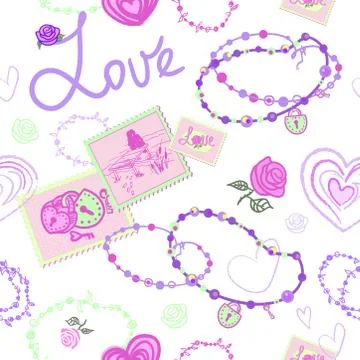 SEAMLESS PATTERN WITH HEARTS AND MARKS AND JEWELRY FOR GIRLS Illustrazione stock