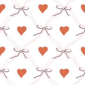 Seamless pattern with hearts and ribbons on white background Stock Illustration