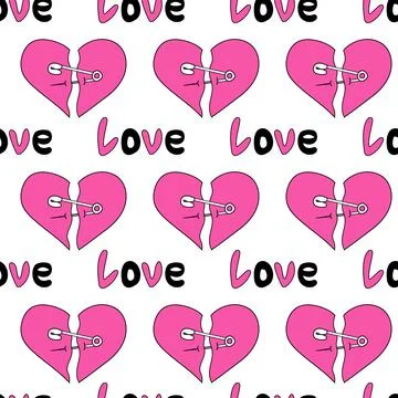 Seamless Pattern with hearts and text love in emo style. Y2k. Stock Illustration