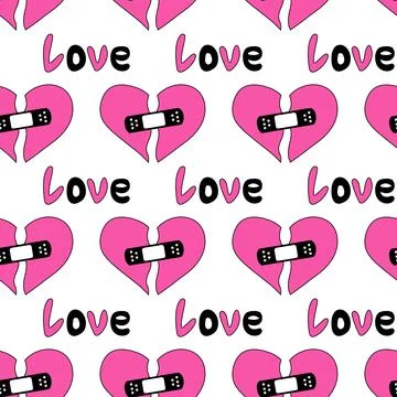 Seamless Pattern with hearts and text love in emo style. Y2k. Black and pink. Stock Illustration
