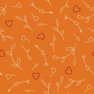 Seamless pattern with hearts, arrows and floraal branchs, in boho colors, orange Stock Illustration