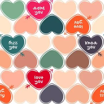 Seamless pattern with hearts, arrows and text on background Illustrazione stock