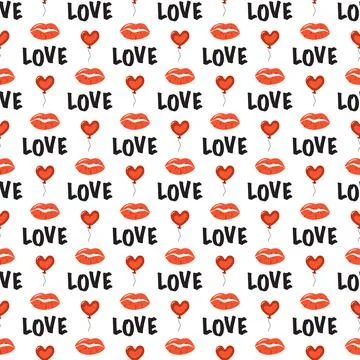 Seamless pattern with hearts balloon, lips and word love Illustrazione stock