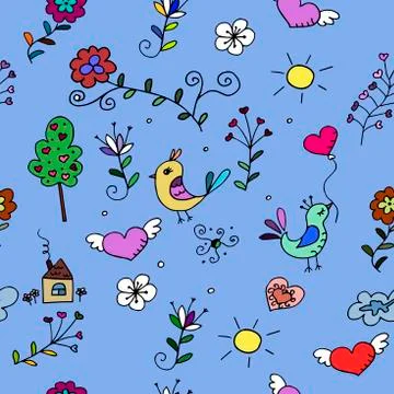 Seamless  pattern with hearts, birds and flowers for fabrick or Stock Illustration