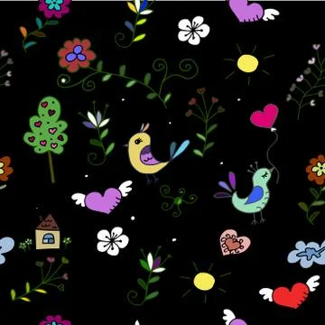 Seamless  pattern with hearts, birds and flowers for fabrick or Stock Illustration