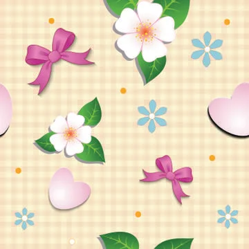 Seamless pattern of hearts bows and flowers Stock Illustration