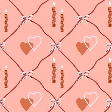 Seamless pattern with hearts, bows, and candles on pink background Stock Illustration