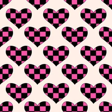 Seamless Pattern with Hearts checkered in emo style. Y2k. Black and pink. Stock Illustration