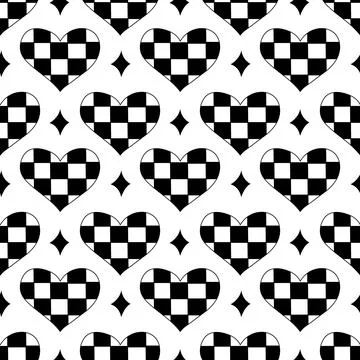 Seamless Pattern with Hearts in chessboard and stars in emo style. Y2k Stock Illustration