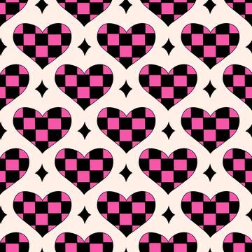 Seamless Pattern with Hearts in chessboard and stars in emo style. Y2k. Stock Illustration