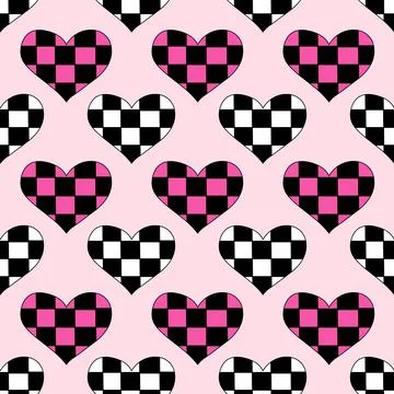 Seamless Pattern with Hearts in chessboard in emo style. Y2k. Stock Illustration