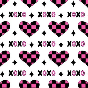 Seamless Pattern with Hearts in chessboard, text XOXO and stars in emo style. Stock Illustration