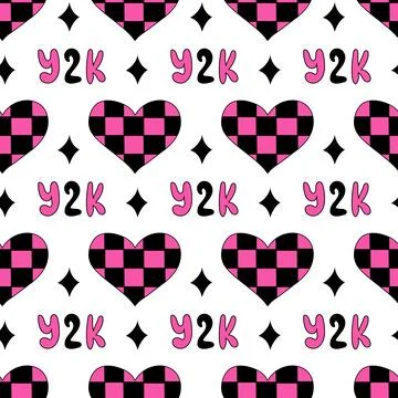 Seamless Pattern with Hearts in chessboard, text and stars in emo style. Y2k. Stock Illustration