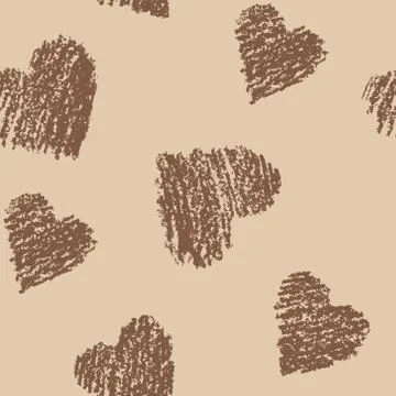 Seamless pattern with hearts on craft paper. Grunge chalk hand drawing vector Stock Illustration