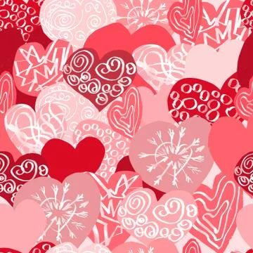Seamless pattern with hearts. Decorated with ornaments. Monochrome. Illustrazione stock