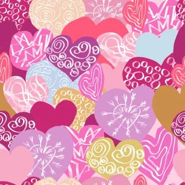 Seamless pattern with hearts. Decorated with ornaments. Multi-colored. Illustrazione stock