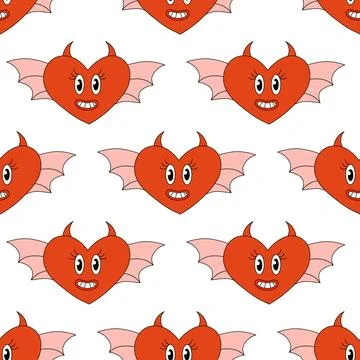 Seamless Pattern with Hearts Demon Characters for Valentine Day. Stock Illustration