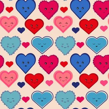 Seamless pattern with hearts with different emotions and design Stock Illustration