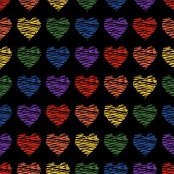 Seamless pattern. hearts drawn by scribbles of red, orange, yellow, green, bl Illustrazione stock