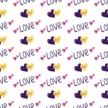 Seamless pattern with hearts with face and the word love Stock Illustration